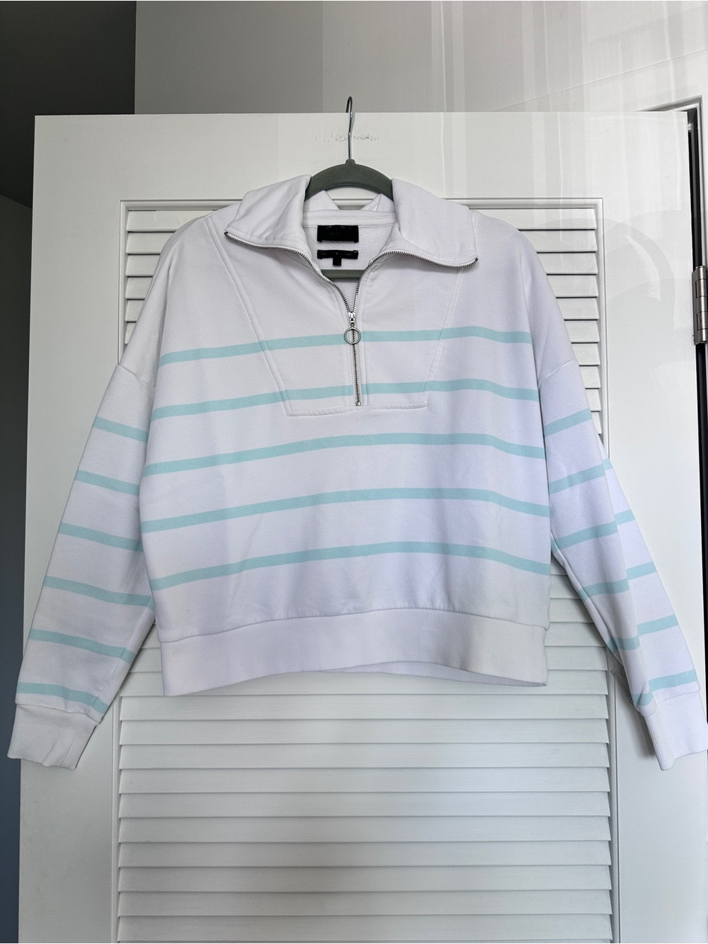 Carbon38 Cotton Blend White Mint Green Striped French Terry Half Zip Pullover S